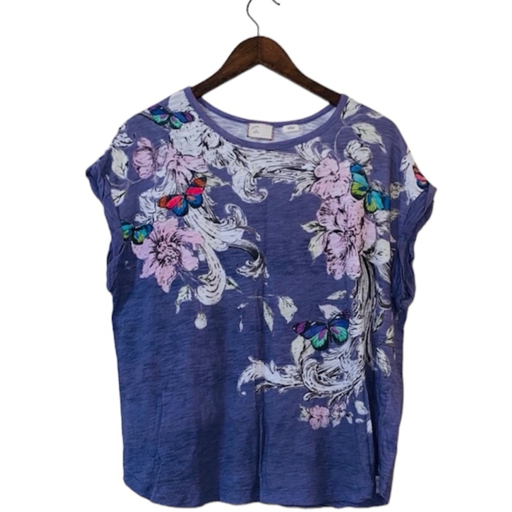 Postmark- floral/ butterfly print purple top, Size Medium